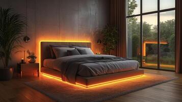 un contemporáneo dormitorio con LED tira luces instalado detrás el cabecera Proporcionar un sutil y calmante resplandor para un pacífico dormir foto