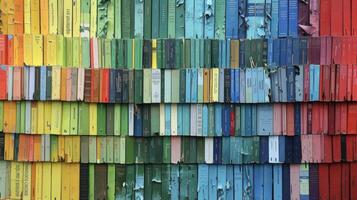 A collection of discarded books transformed into a whimsical bookshelf with the spines forming a colorful mosaic pattern photo