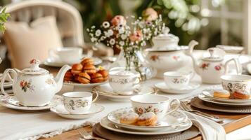 un acogedor mesa ajuste adornado con Clásico teteras tazas de té y platillos creando un encantador ambiente para un elegante merienda reunión foto