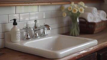 A closeup shot of a vintage porcelain sink now meticulously cleaned and restored to its original crisp white color photo