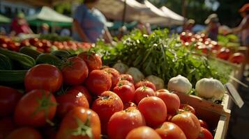 A local farmers market booth offers fresh produce for families to sample and purchase photo