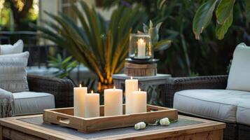 A serene oasis is created in the outdoor patio by the soft glow of candles on a stylish wooden tray perfect for evening gatherings. 2d flat cartoon photo