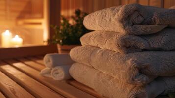 A stack of soft towels waiting to wrap around a persons body after their sauna and herbal wrap treatment. photo