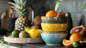 un apilar de cerámico Fruta bochas exhibiendo un variedad de formas y colores ideal para mezcla y pareo. foto