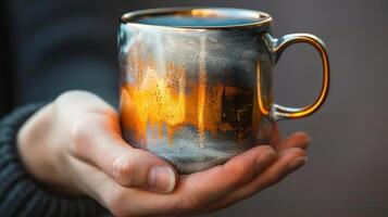 A hand holding a ceramic mug with a glossy metallic glaze in shades of silver gold and copper. photo