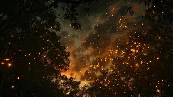 Embers from the fire float up into the dark sky creating a magical and enchanting ambiance. 2d flat cartoon photo