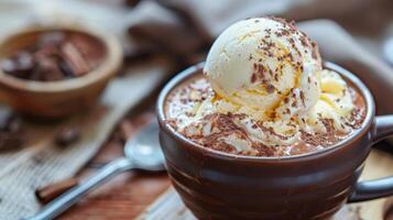 A hot chocolate affogato with a scoop of vanilla ice cream poured over a hot chocolate for a creamy and delicious twist on the classic treat photo