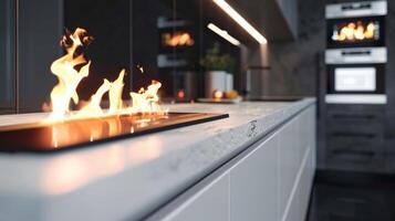 A sleek and stylish kitchen with a linear fireplace built into the sleek white cabinets. The flickering flames add a touch of coziness to the minimalist design. 2d flat cartoon photo