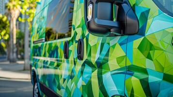 The exterior of the van is adorned with a modern geometric design in shades of green and blue. photo