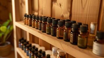 An array of healing essential oils sit on a shelf near the entrance of the sauna providing a gentle scent and added benefits for sauna users. photo