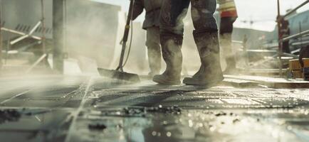 Steam rises from the freshly poured concrete as workers use large power screeds to create a smooth and level surface photo