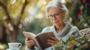 un mujer en su 60s cuidadosamente grabación su diario presión lecturas en un salud diario mientras disfrutando un taza de té en su pacífico patio interior foto
