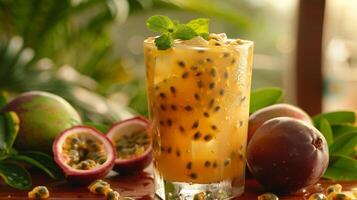 un dulce y picante aroma relleno el aire como recién exprimido pasión Fruta jugo es mezclado con azúcar y levadura a crear un tropical vino base foto