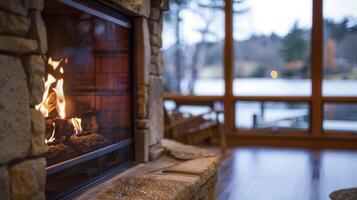 An unobstructed view of a crystalclear lake serves as the backdrop for the elegant fireplace creating a serene haven for relaxation and contemplation. 2d flat cartoon photo