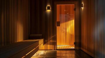 The saunas door is propped open inviting warm air and soft light into the darkened room offering a sense of comfort and calm. photo