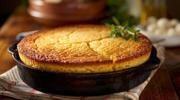 Freshly baked cornbread with a golden crust and fluffy interior is the perfect accompaniment to any barbecue feast photo