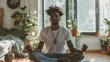 un hombre se sienta en un yoga actitud con orgullo practicando cuidados personales y atención plena en un sociedad ese a menudo estigmatiza estos practicas como femenino o débiles foto