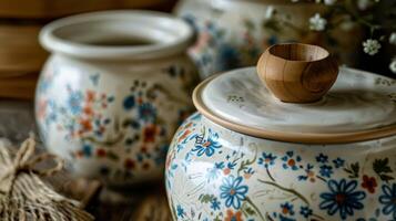 A closeup of a ceramic e jar with a builtin s making it easy to measure out small amounts of es while cooking. The jar is adorned with a delicate floral pattern and a dainty wooden photo