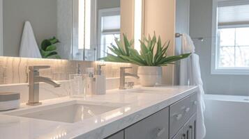 A chic bathroom with LED vanity lights and a motion sensor light switch saving energy while adding convenience photo