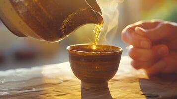 A man pouring a rich golden liquid into a small cup explaining its powerful effects on increasing alertness and focus photo