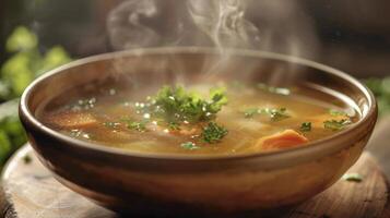 un cuenco de humeante sopa es presentado atractivo invitados a sumergirse sí mismos en el aromas y sabores foto