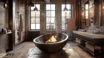 The industrial chic bathroom boasts a unique fire pit bathtub creating a luxurious and indulgent experience. 2d flat cartoon photo