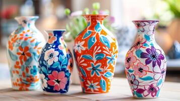 A set of ceramic vases adorned with handpainted floral designs in vibrant colors perfect for adding a pop of color to any room. photo