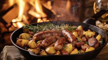 A traditional fireside feast with smoky sausage links and crispy potatoes nestled in a cast iron pan. The warmth from the fire provides the perfect setting for this comfortin photo