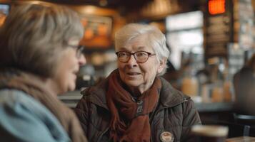 In a coffee shop a group of retirees meet once a week to catch up on each others lives through a private social media group staying connected despite distance and schedules photo