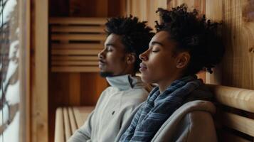 Two people sitting opposite each other on sauna benches their eyes closed as they envision a successful outcome for their upcoming business venture. photo