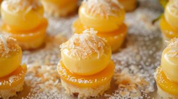 A tower of delicate mango mousse cups topped with a sprinkling of shredded coconut and a light dusting of powdered sugar photo