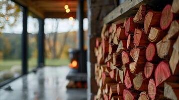 The minimalist design of the loft is accented by the bold red firewood stacked neatly next to the fireplace. 2d flat cartoon photo