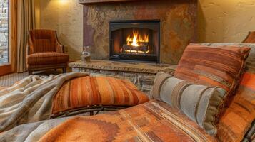 A relaxation lounge with plush chaise lounges cozy blankets and a fireplace for the ultimate cozy ambiance. photo