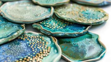 A set of ceramic coasters in various shades of blue and green each one with a unique abstract design and a textured surface for preventing drink slips. photo