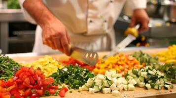 An array of colorful vegetables carefully arranged on a ting board as a chef shows the proper technique for julienning photo