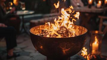 The fire pits flames dance in a metal bowl as guests share stories and make new memories. 2d flat cartoon photo