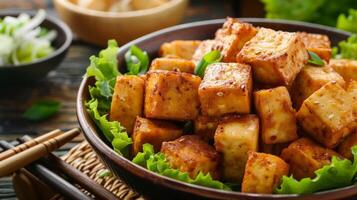 Golden cubes of fried tofu are carefully p on top adding a vegetarian protein source photo