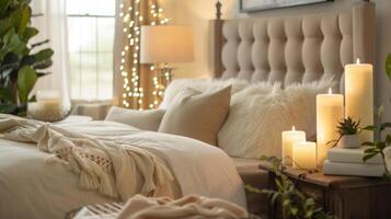 A serene bedroom with an LED candle array on the bedside table creating a relaxing atmosphere. 2d flat cartoon photo