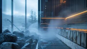Steam rising from the sauna rocks as a traveler breathes deeply letting the heat soothe their tired body and mind. photo
