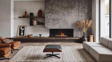 The sleek black metal frame of the floating hearth adds a touch of edginess to the otherwise neutral color palette of the room. 2d flat cartoon photo