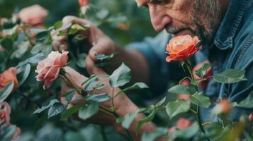 Fingers gently running along the velvety leaves of a rose bush a man lost in thought as he takes in the floral scents around him photo