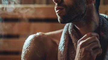 A man wrapping a cold damp towel around his neck while sitting on a bench in the sauna room. photo