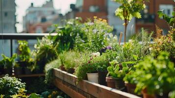 A peaceful oasis in the midst of an urban setting a mans tiny rooftop garden providing him an escape from the bustle of the city photo