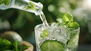 A refreshing cucumber and mint mocktail being poured into a fancy glass photo