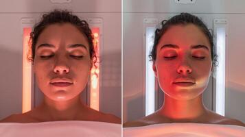 A before and after image of the same person one with a tired and drained expression the other with a relaxed and rejuvenated look after a session in the infrared sauna. photo