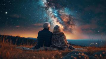 An elderly couple sits under a blanket surrounded by the peaceful sounds of nature as they bond over their shared love for stargazing and the mysteries of the universe photo