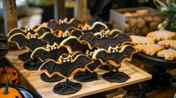 A decorateyourowncookie station is set up with sugar cookies shaped like bats spiders and other creepy creatures photo