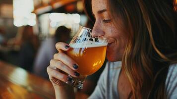 A woman excitedly smelling a glass of craft beer before taking a sip photo