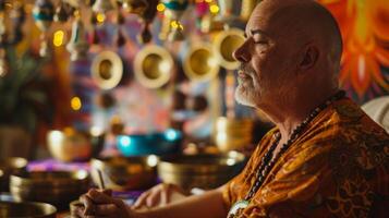 A man sitting in a room filled with vibrant chimes bells and singing bowls as he experiences the theutic benefits of a sound journey during a sound healing session photo