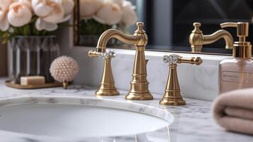 A brushed gold faucet with a swivel spout and crystal accents lends a touch of glamour to a deep marble sink in an elegant master bathroom exuding luxury and sophistication photo